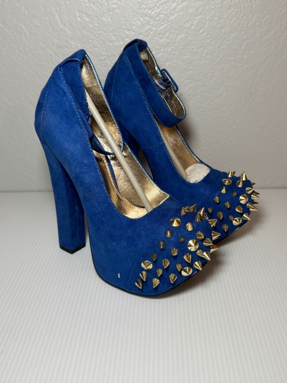 Wild Pair Blue Suede Spike Platform Heels with Ankle Strap - Picture 2 of 8